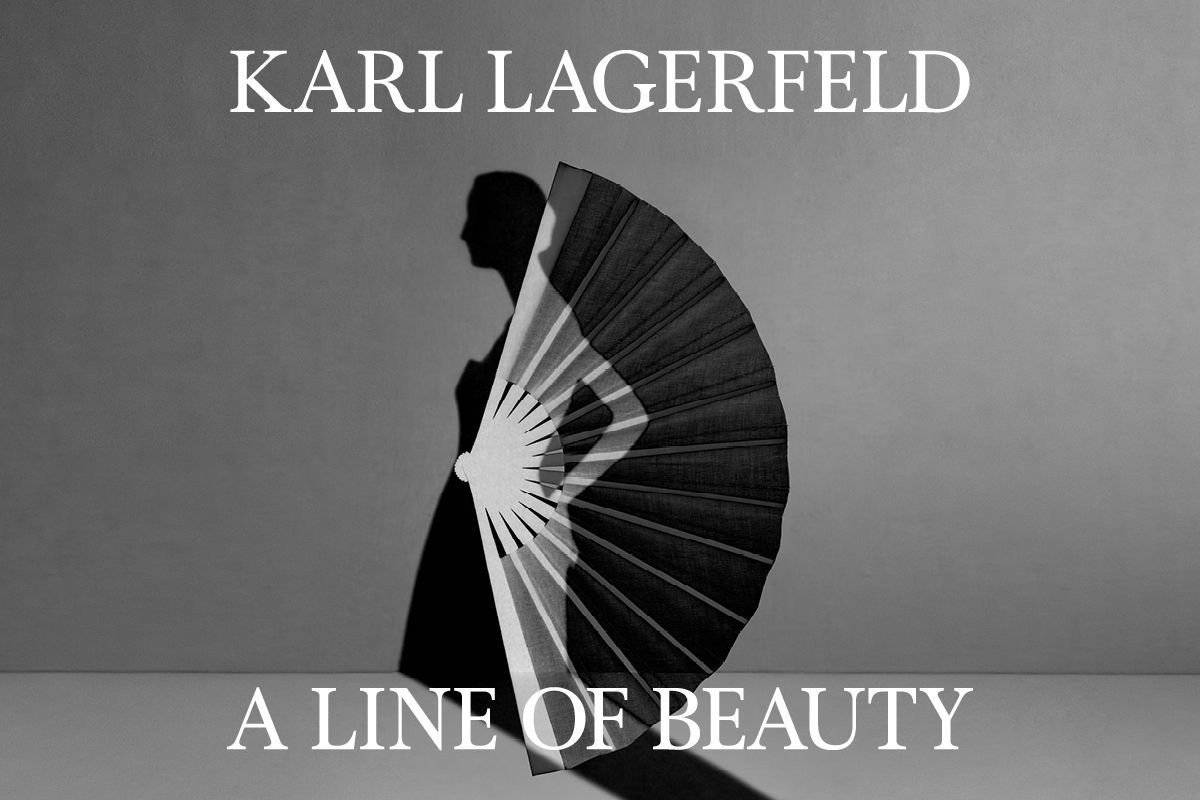 Promotional image for the show Karl Lagerfeld A line of Beauty featuring a black and white silhouette of a women in front of a large fan. 