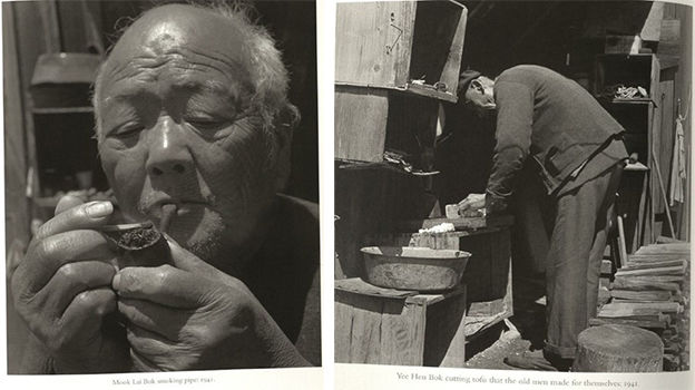 One man smoking a pipe, one man stooped over, both in black and white