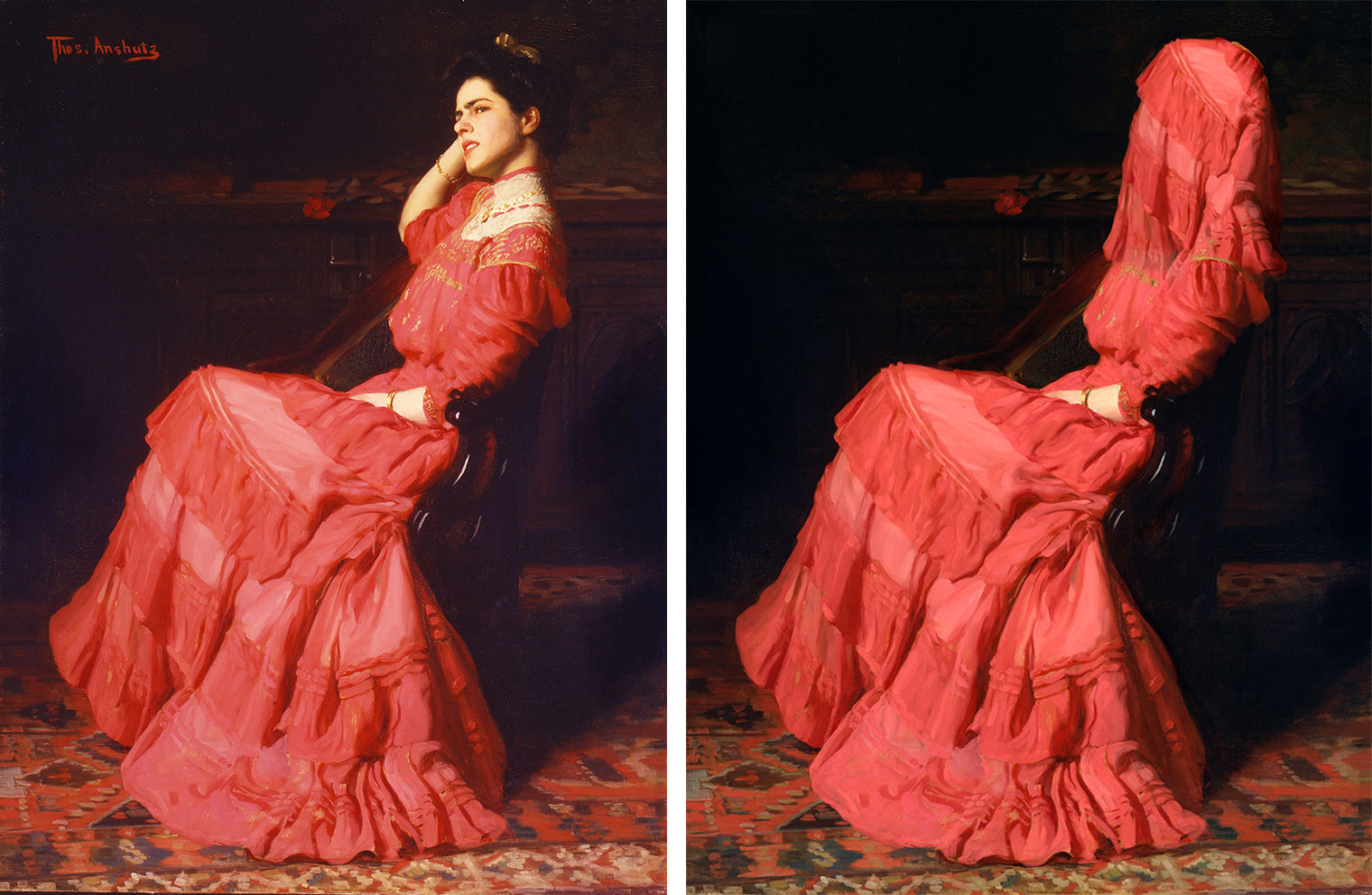 image on left shows a woman reclining in a red dress, image on right shows the same image with red cloth covering her face