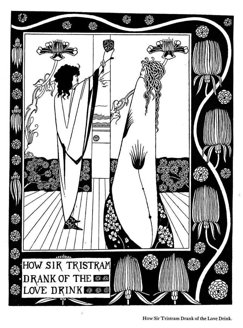 Two highly stylized figures in black and white with a floral border around them. 