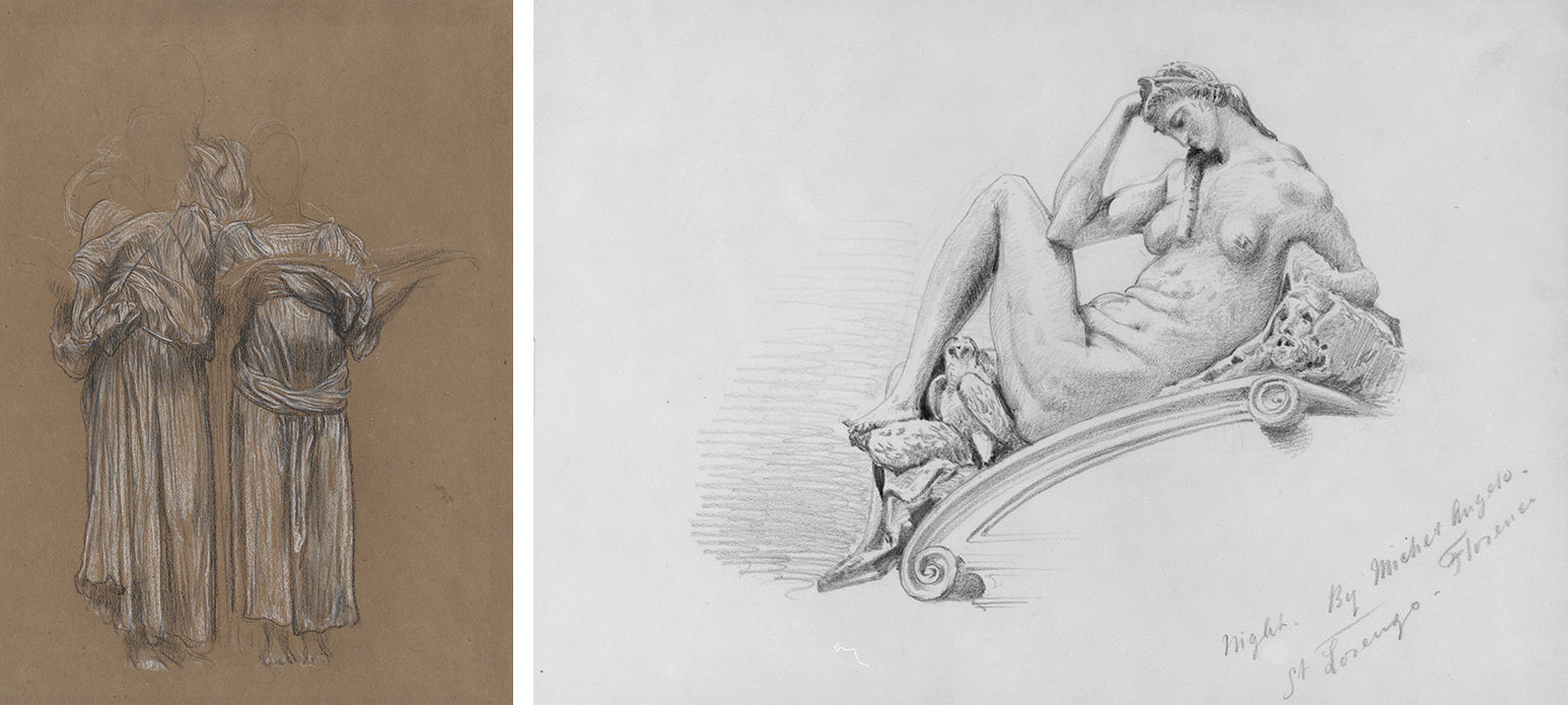 Two images separated by a white bar: On the right are two sketches on brown paper of women in flowing drapery done in black pencil with white highlights. Neither women have their heads rendered. On the right is a drawing done in black pencil that depicts a nude women in repose on the top of an ionic column with her her elbow resting on her thigh and the same hand holding her forehead. 
