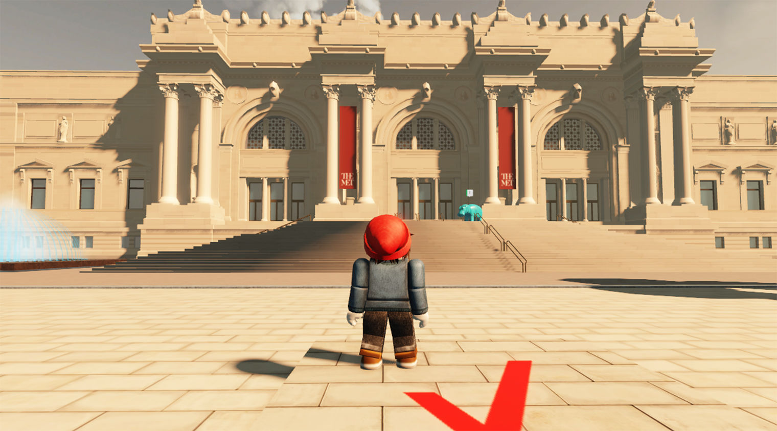 Animation of a Roblox figure standing in front of The Met