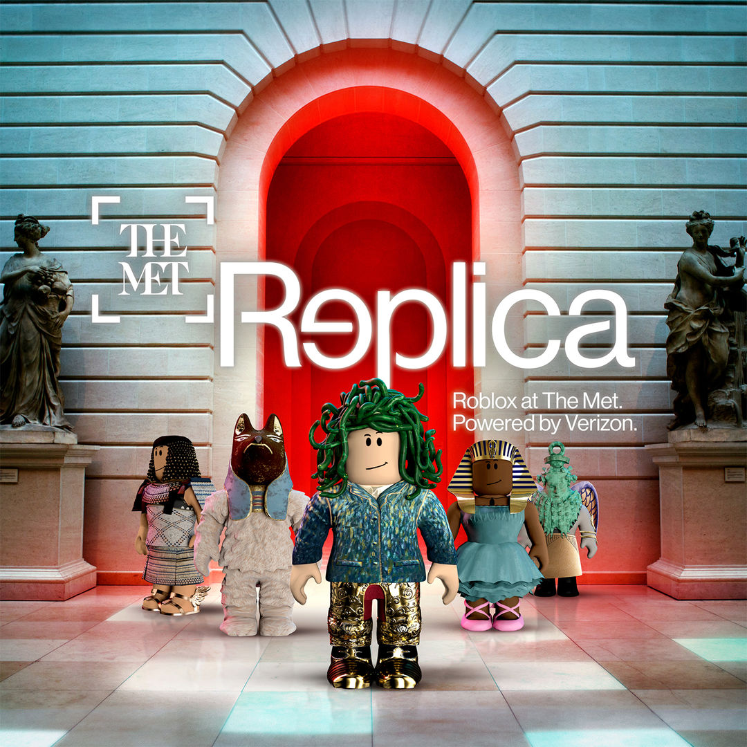 Animation of five Roblox characters standing in The Met in front of two sculptures with the words The Met Replica.