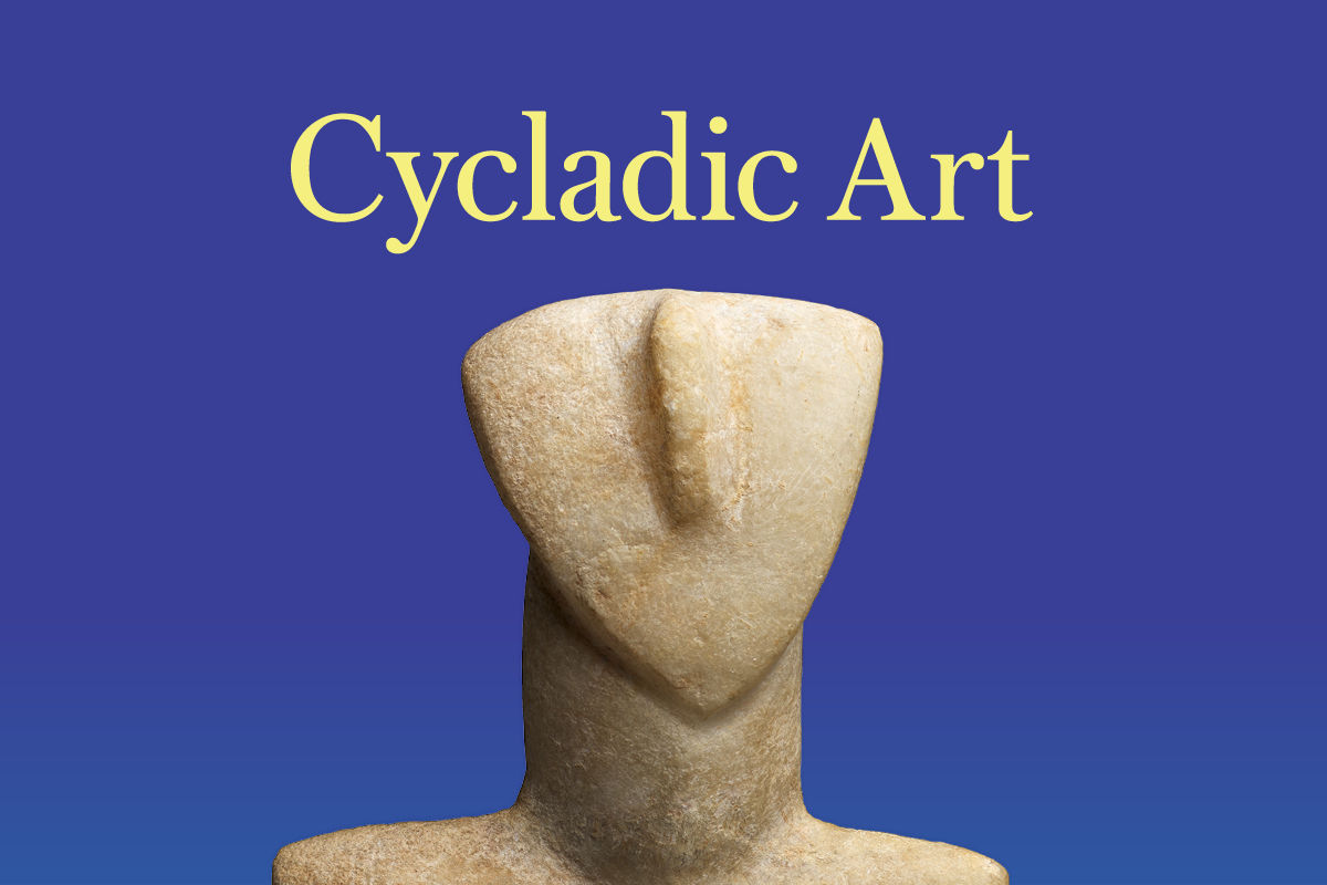 Image of a cycladic figure against a blue background with the text cycladic art in yellow font. 
