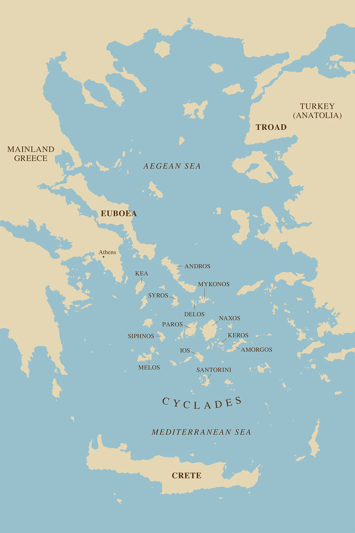 Map of greece with the Cycladic islands highlighted. 
