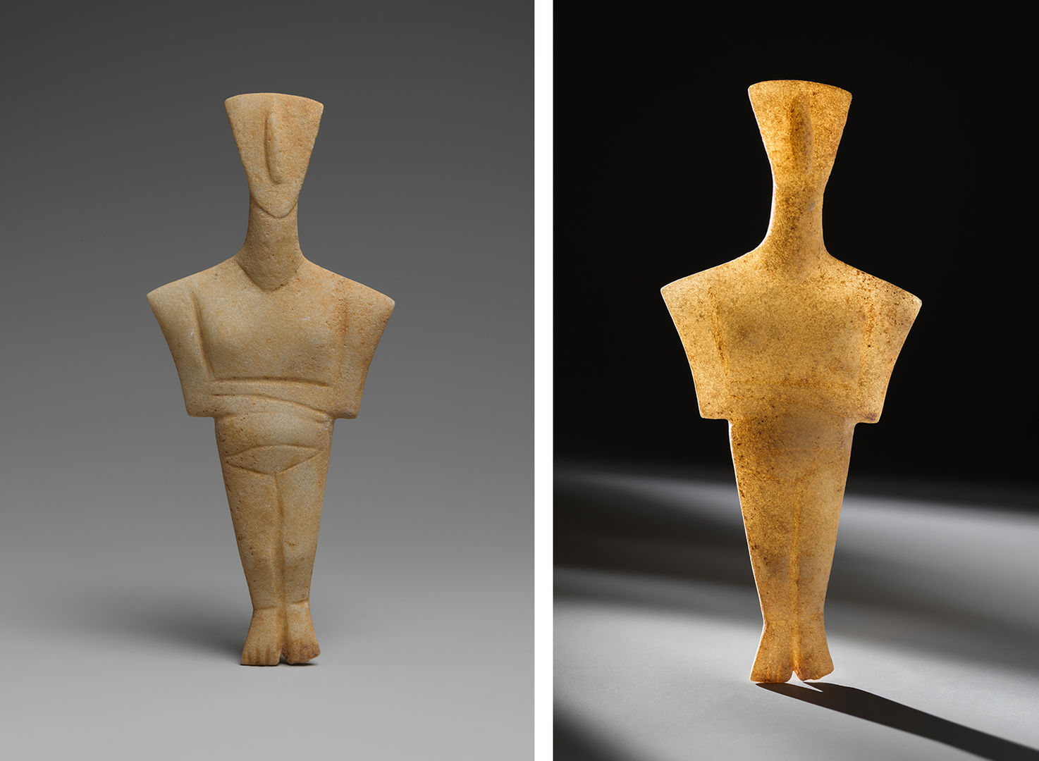 Two images of the same cycladic female nude figure with her arms crossed. On the right side the image is plainly lit against a grey background. On the second photo, the figure is lit up and luminous with a light in the background. 