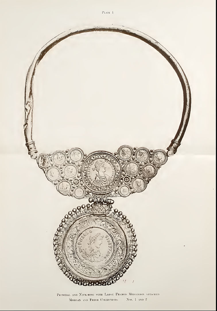 An old black and white photograph of the gold pectoral. 