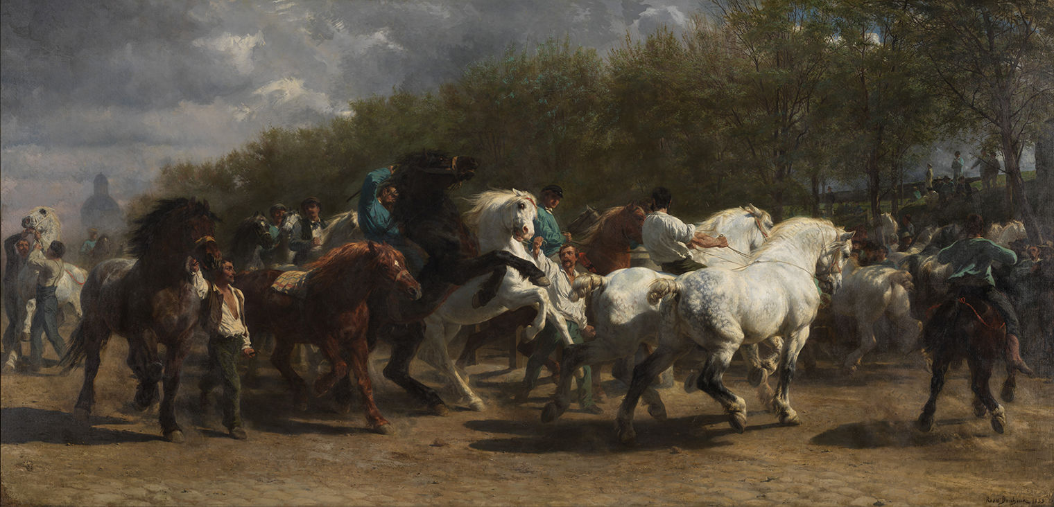 Large landscape painting depicting a group of lively horses at an outdoor market in Paris.