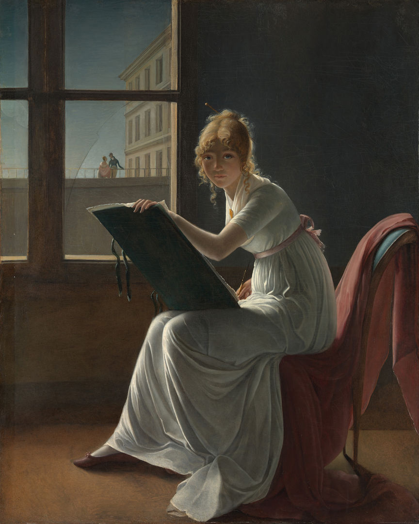 Portrait of a young woman artist seated and sketching at her easel.