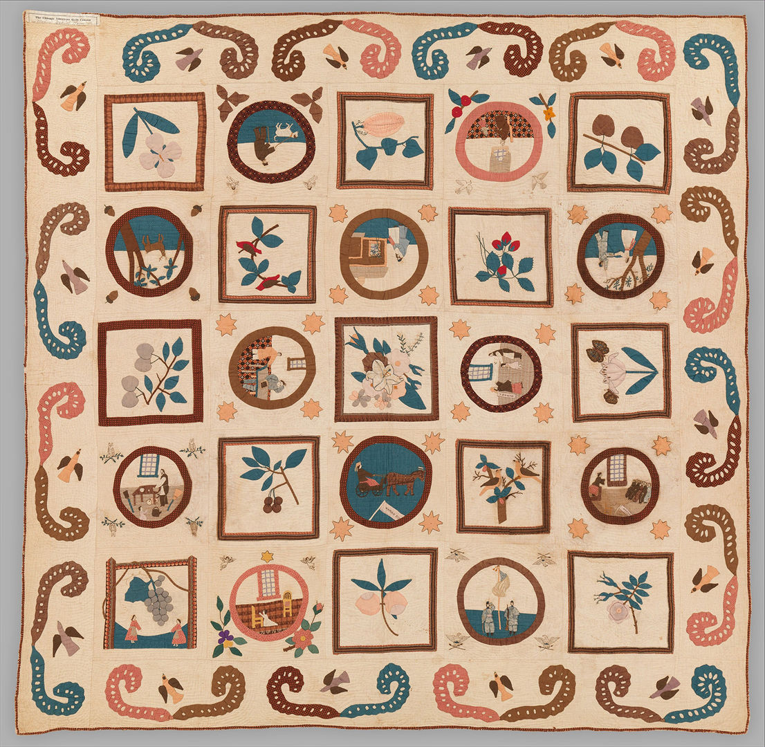 Quilt by Emma Civey Stahl depicting various floral designs and scenes of life during the Civil War in square and circular vignettes.