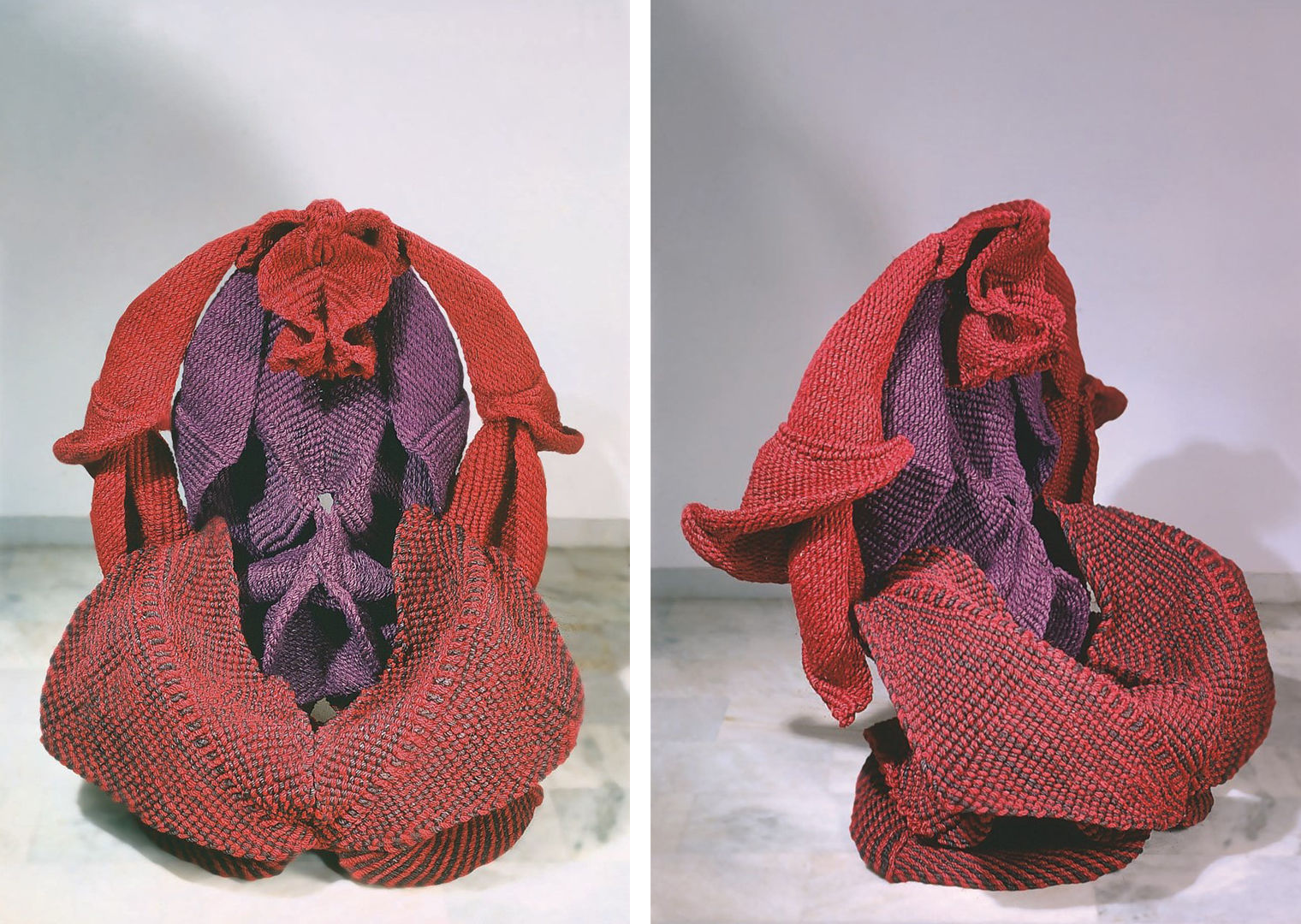 Composite image showing front and side views of Mrinalini Mukherjee’s freestanding fibre red and purple sculpture depicting  unfurling forms that resemble female genitalia.