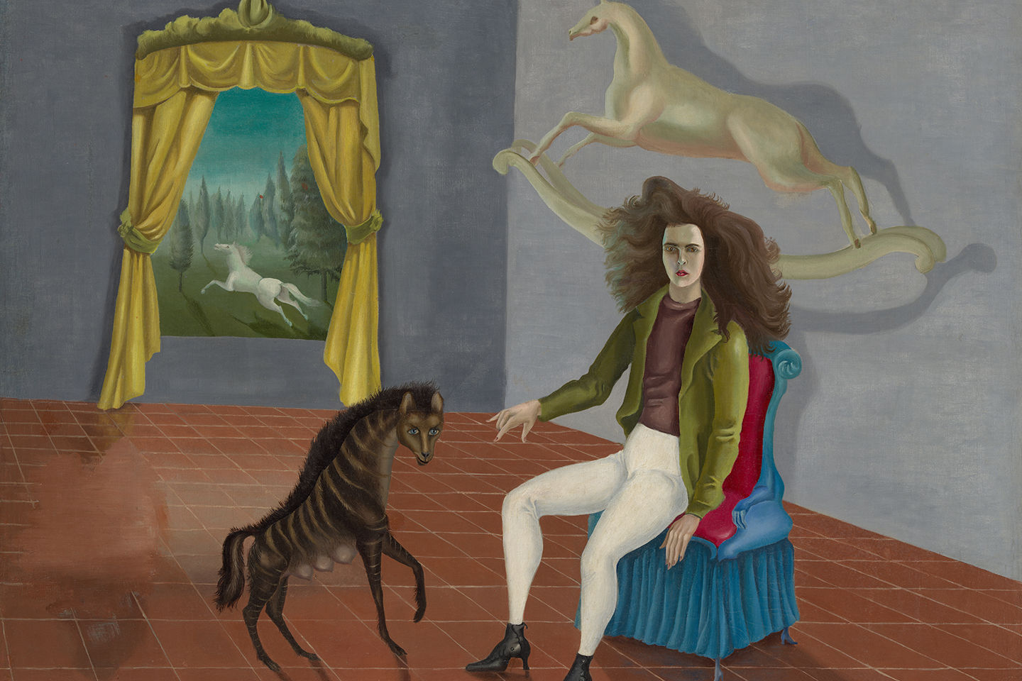 Detail of Leonora Carrington’s self-portrait of her sporting white jodhpurs and a wild mane of hair; she’s perched on the edge of a chair with her hand outstretched toward the prancing hyena and her back to two horses: a tailless white rocking horse flying behind her and a galloping white horse visible in a curtained window.