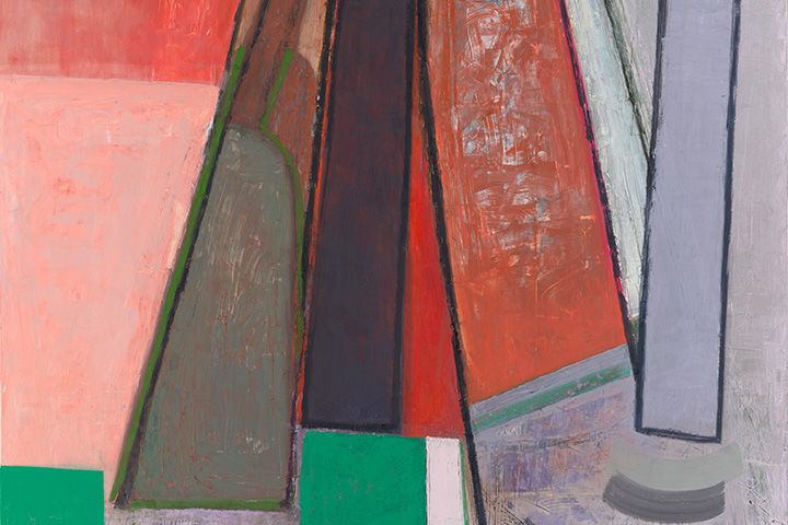 Abstract painting of rectangular blocks in green, pink, red, light purple and gray tones