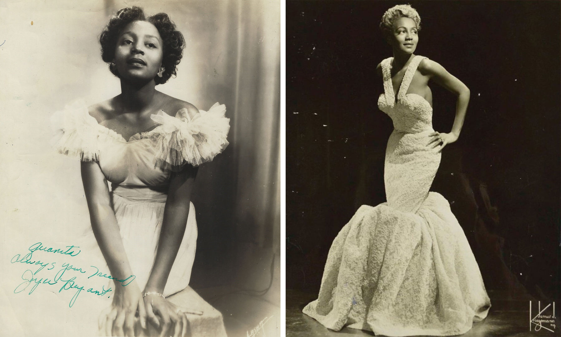 Two composite vintage images of two women in each, wearing long dresses. 