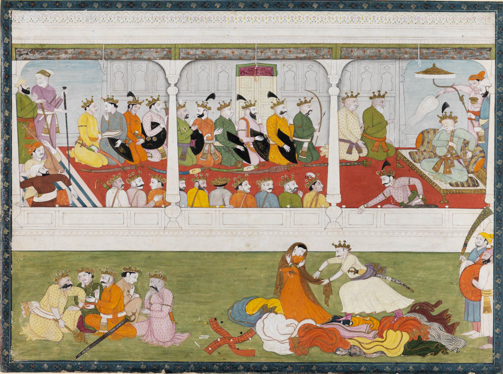 This is a detailed miniature painting depicting two main scenes separated by ornate columns. the upper half shows a royal gathering with men in vibrant robes sitting in a palace setting. the lower half illustrates a dramatic mythological scene with figures, some in combat and others observing.