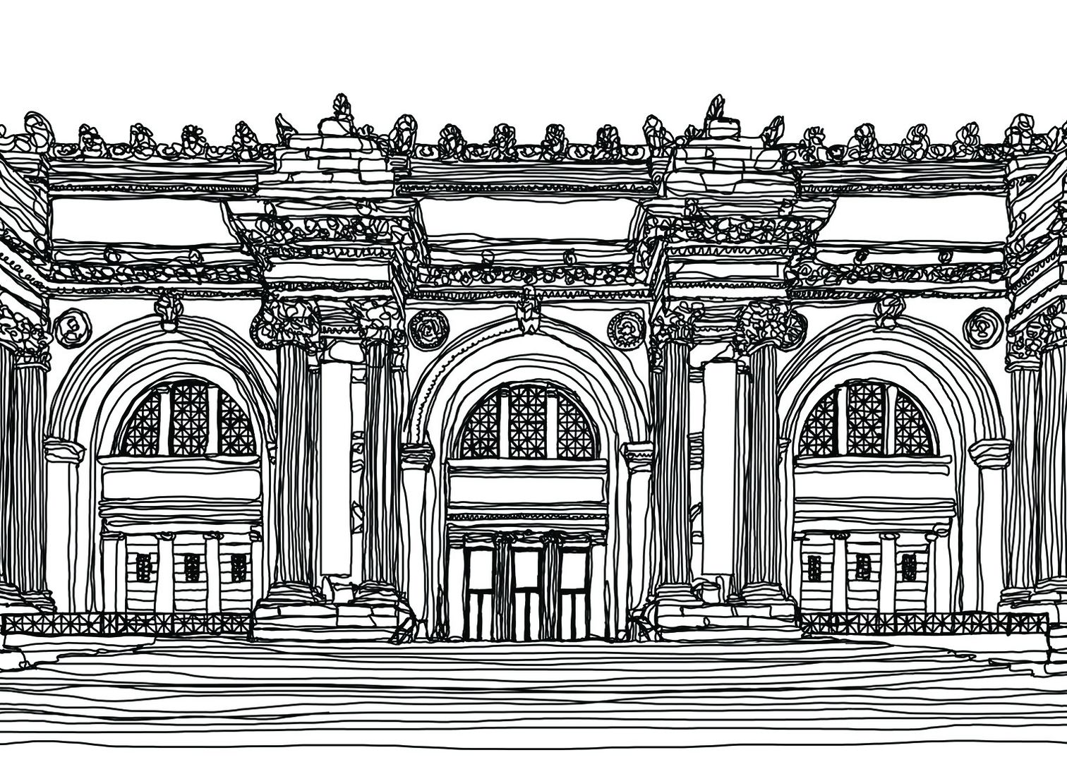 Graphic of The Met's Facade in black lines. 