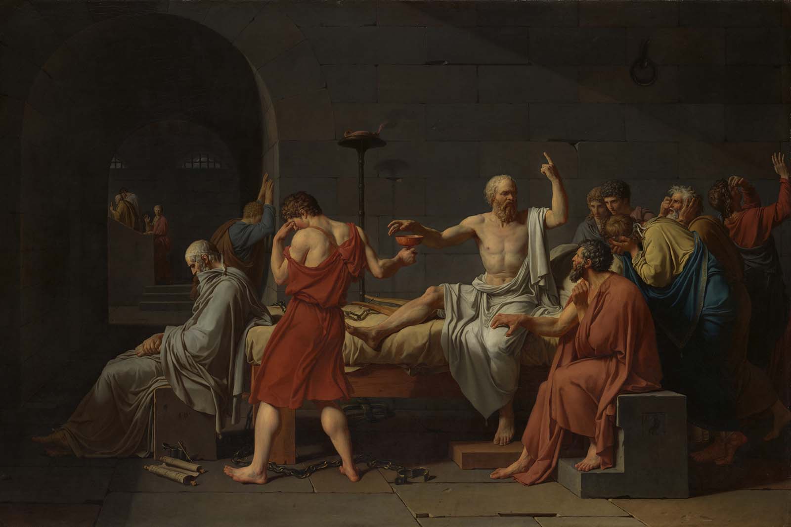 Painting of Socrates sitting on a bed, taking a hemlock from a man, surrounded by his followers who are grieving.
