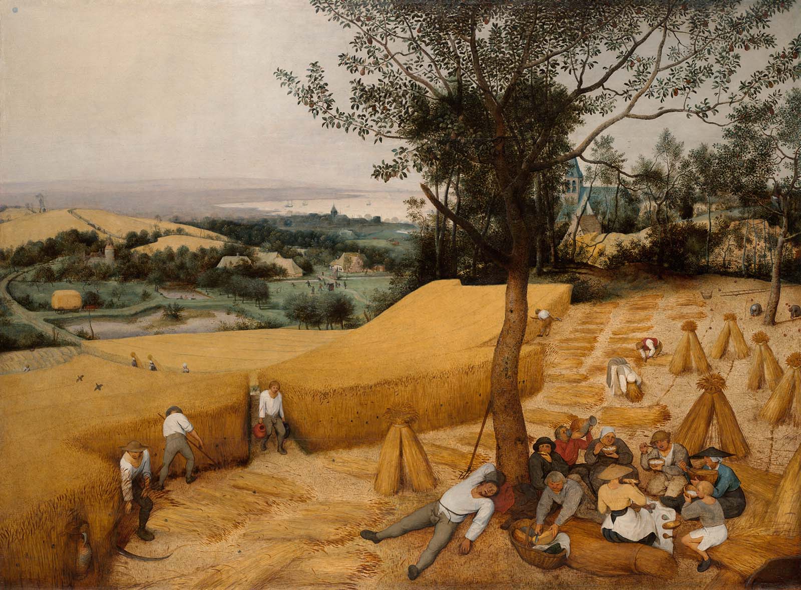 Painting of people on wheat field, some are working and others are eating and resting under a tree.