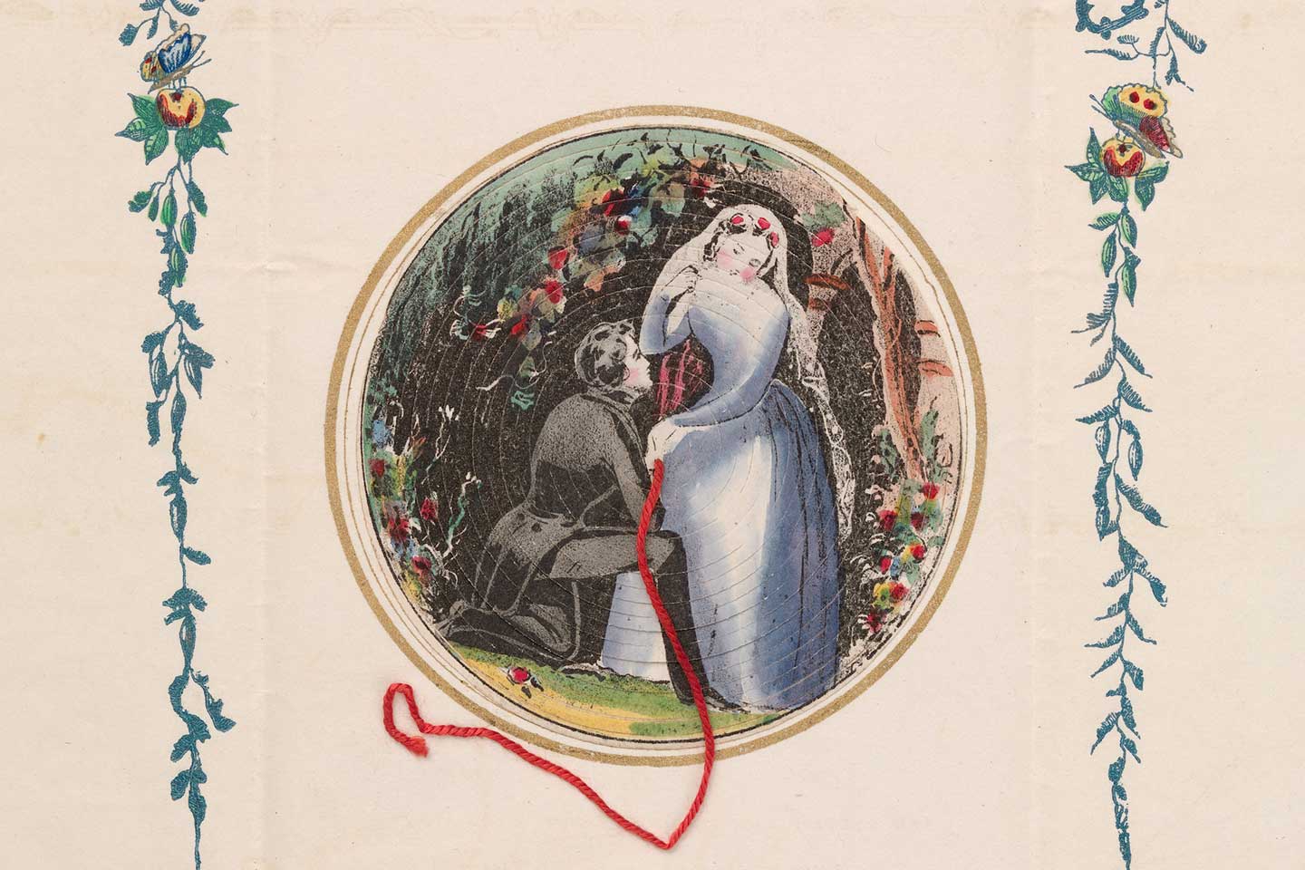 A late-nineteenth-century cobweb valentine depicting a man on his knees professing his love to a woman