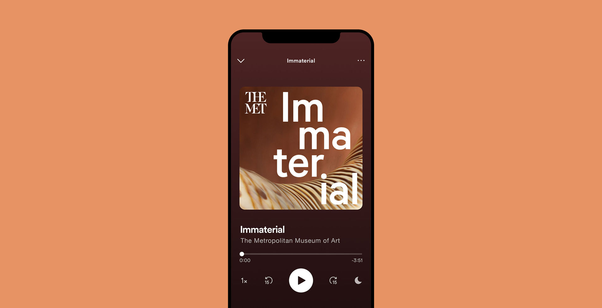 An iPhone showing the podcast art for "Immaterial"