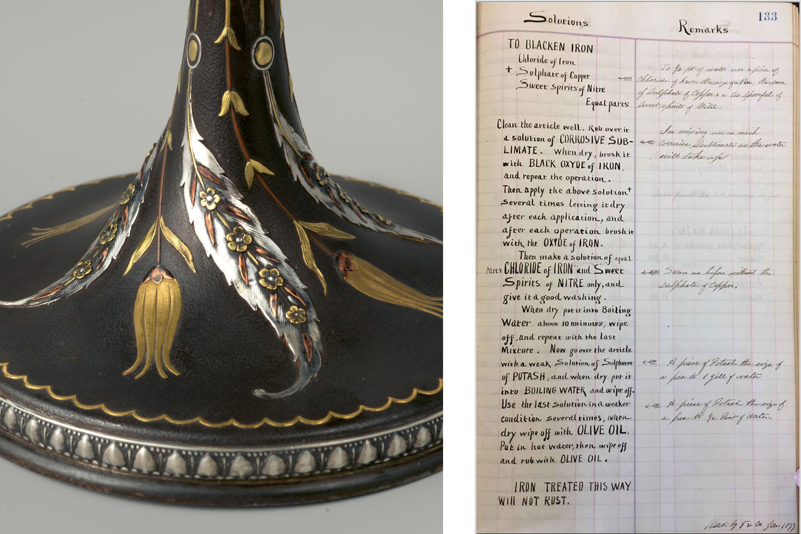 Composite image of a black iron candlestick base and a handwritten document with instructions for how to blacken iron. The candle base is adorned with floral designs modeled in low relief on the surface and surfaced in a variety of silver-, gold-, and copper-toned metals.
