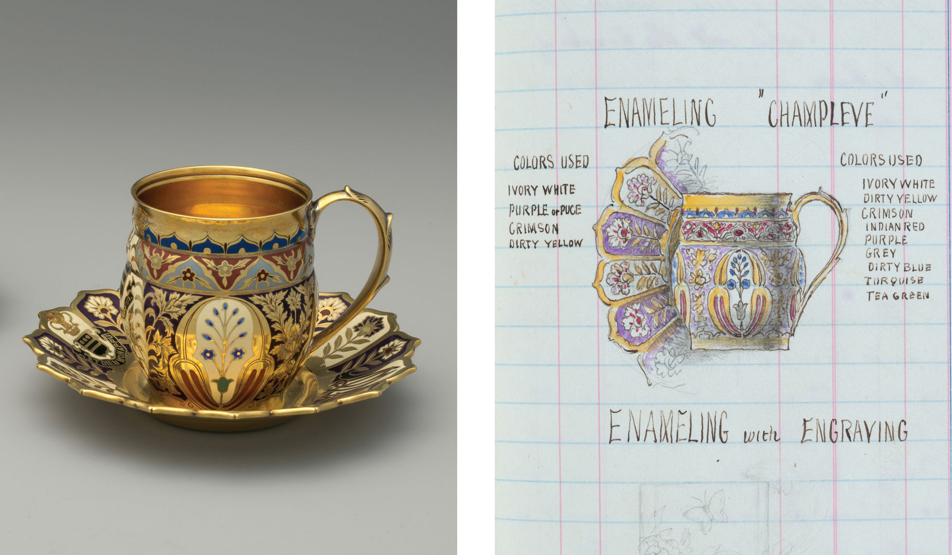 Composite image of a dazzling gilded and enameled cup and saucer alongside a hand-drawn and colored illustration of the floral design with notes about the colors used in the enameling such as ivory white, dirty yellow, crimson, indian red, purple, gray, dirty blue, turquoise, tea green.