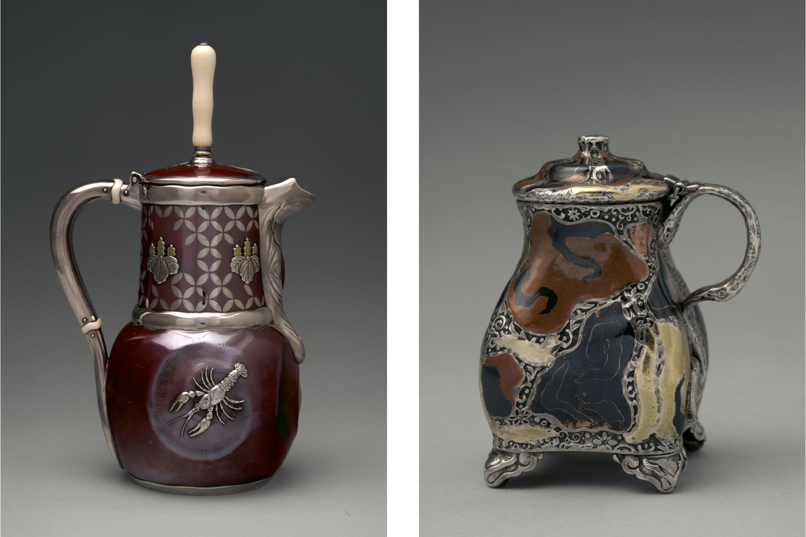 A composite image of a patinated copper and silver chocolate pot and mustard pot. The chocolate pot has a distinct patinated copper surface that has a pebbled shine. The mustard pot has a distinct marbled and patchwork pattern of various metal types adorning the surface.