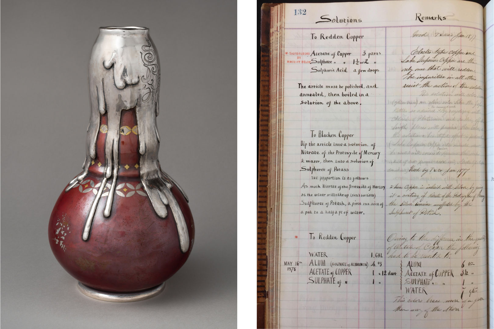 A composite image of a vase and a document. On the left, the patinated copper vase is designed with silver detailing that mimics drips down the sides of the neck of the vase. On the right, a handwritten technical document outlines how to redden copper.