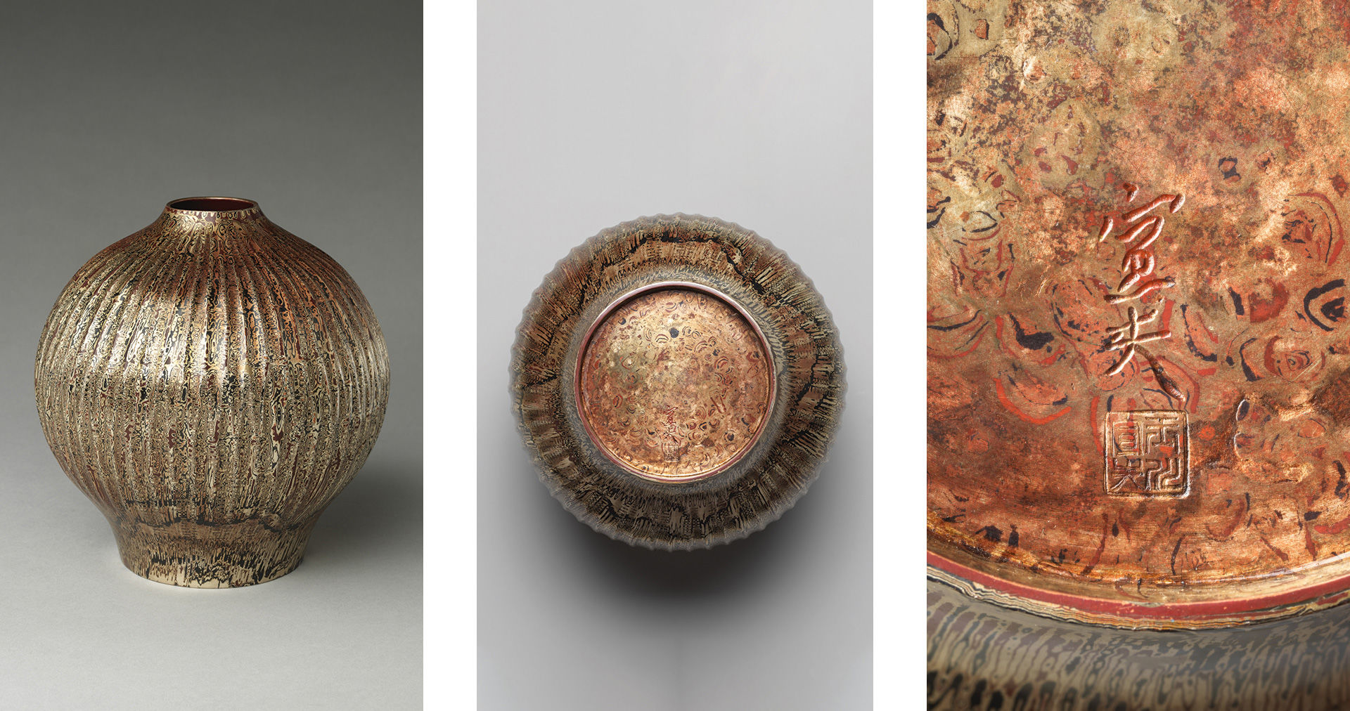 A composite image of the same onion-shaped, and fluted vessel from different perspectives, showing a profile view, a view of the base and a close-up of the base featuring the maker’s mark and the distinctive and impressionistic wood grain knot pattern. The vessel is a detailed blend of copper, red, silver, and dark brown colors.