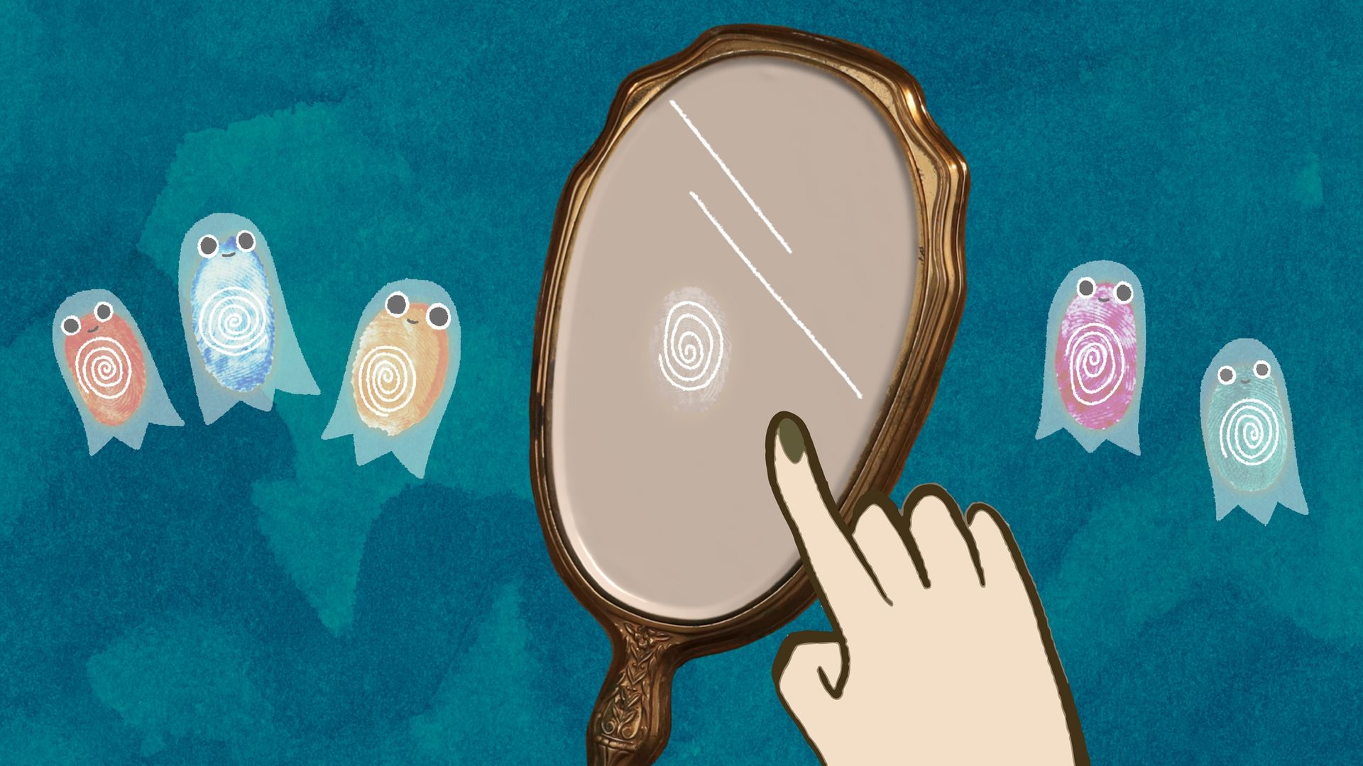 Illustration of a hand pointing to a mirror with a single fingerprint; little fingerprint ghosts float on either side of the mirror