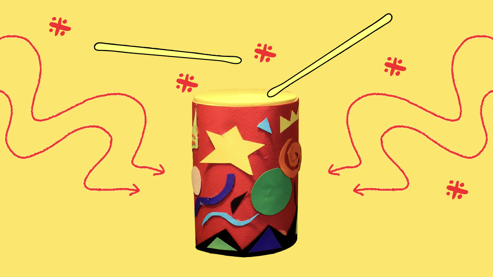 Illustrated drum sticks play atop a DIY drum made of a tin can decorated with colorful cut paper shapes; wavy arrows like sound waves point to the drum