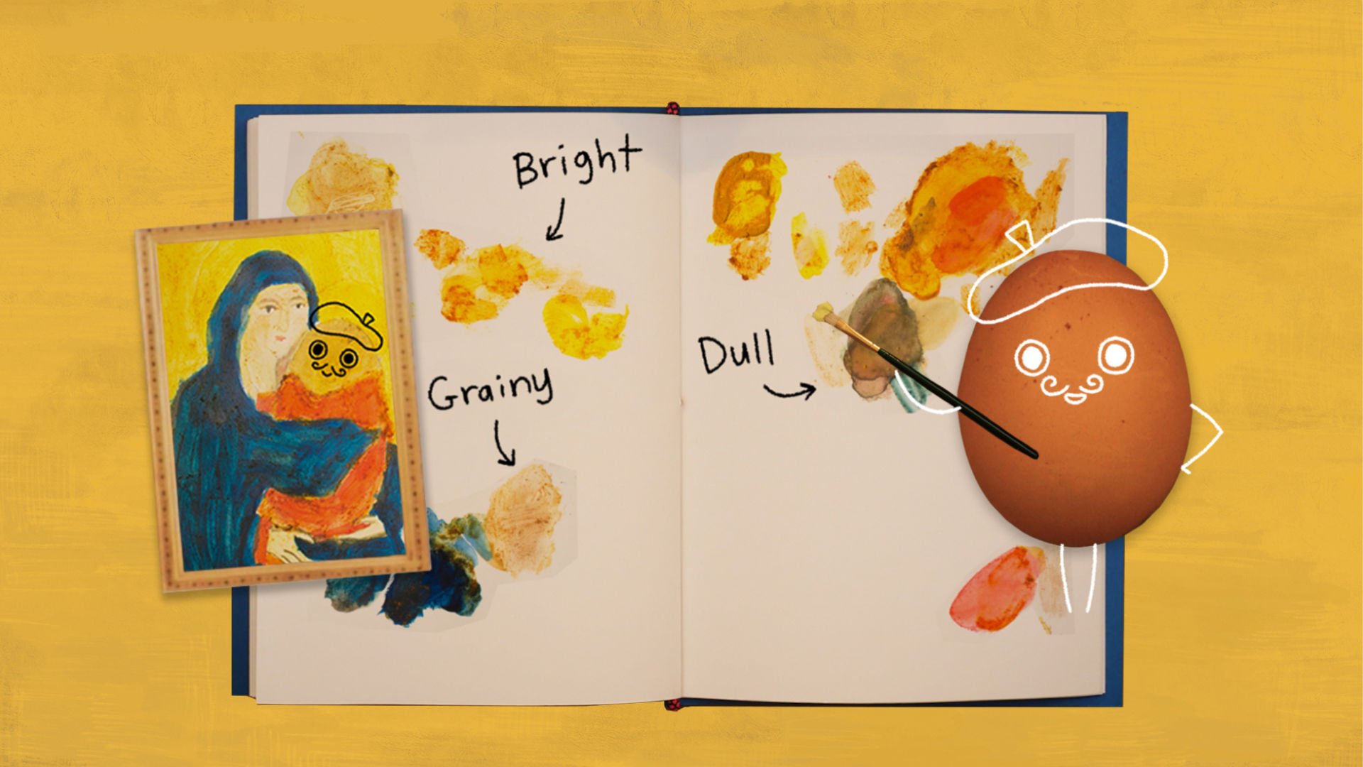 A painting of a Madonna and egg and an illustrated egg artist holding a paint brush flank either side of an open sketch book with colorful test paint swatches labeled bright, grainy, and dull.