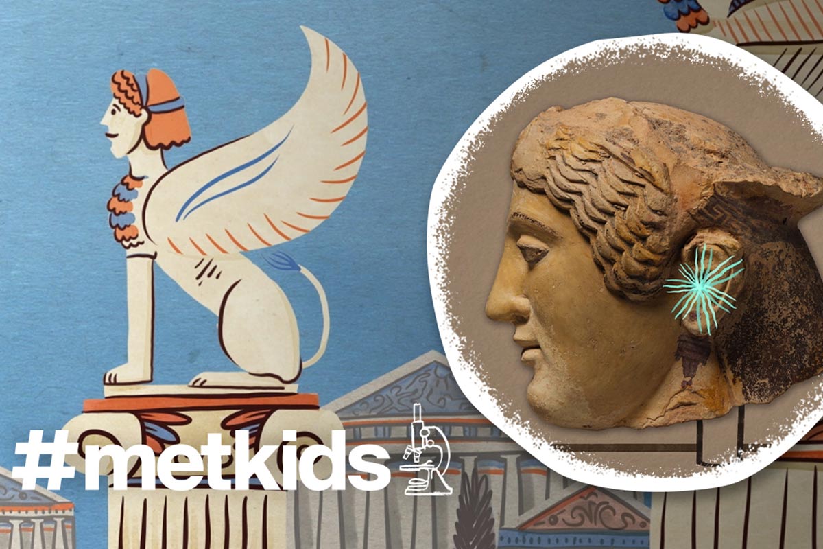 A cartoon drawing of a sphinx on a column in ancient Greece, beside an inset photograph of a terracotta sphinx head with cartoon crystals coming out of its ear. Bottom text reads hashtag MetKids and an icon indicating a microscope.