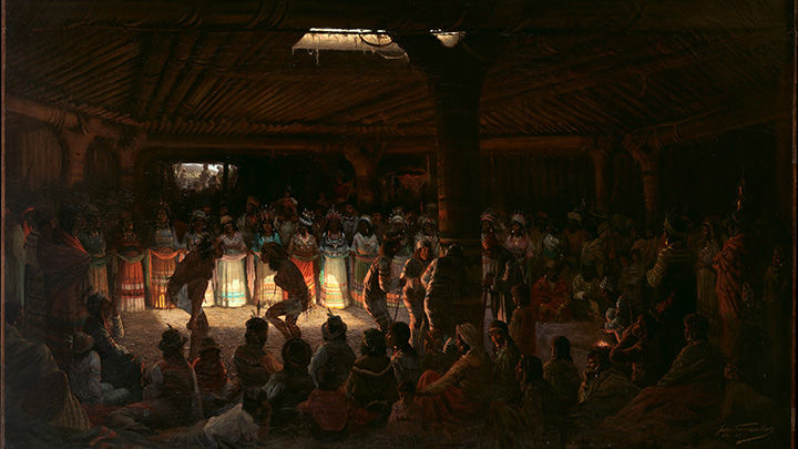 Painting of ceremonial dance showcasing dancers in the center and people gathered around in a circle