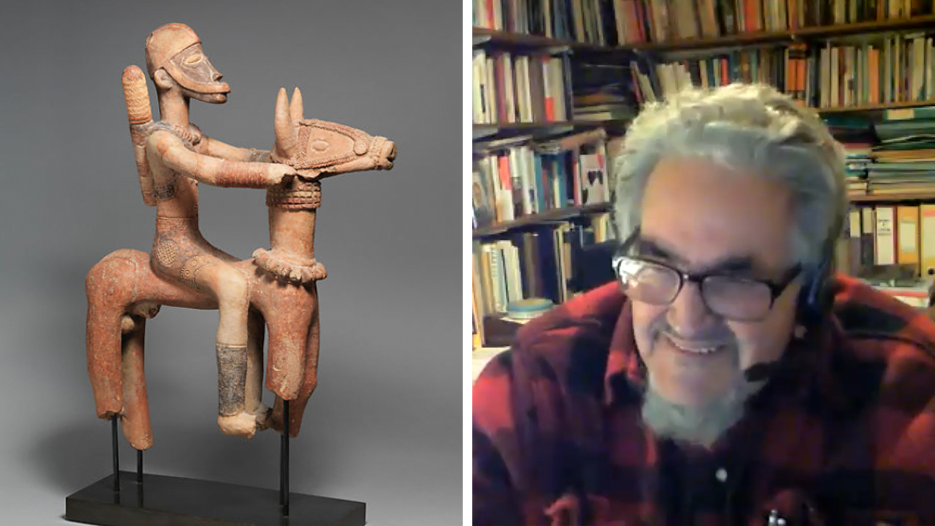 Artwork of figure riding a horse made of terracotta, and a screen grab of speaker Paulo Fernando de Moraes Farias