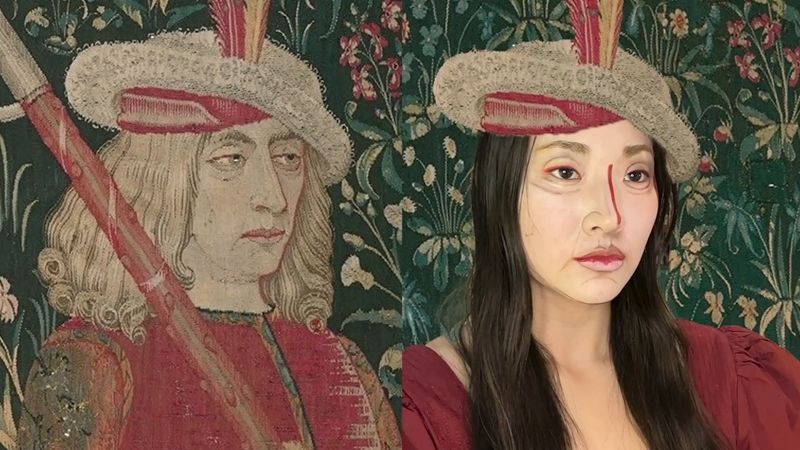 Image of a unicorn hunter from the Unicorn Tapestry series and an image of someone dressed like them. 