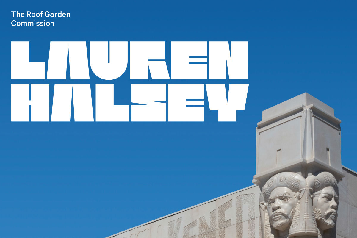 Promotional banner for Lauren Halsey's Roof Garden Commission, featuring an Egyptian-inspired column capital with two faces.