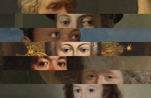 A collage of the eyes of seven paintings in even rows 