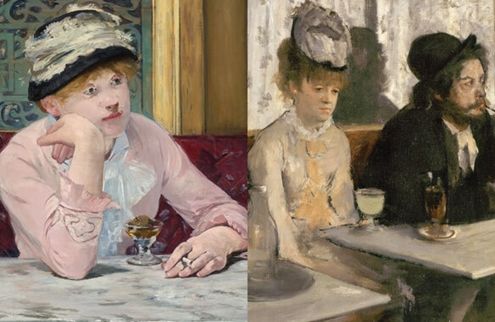 On the left, a woman in a long-sleeve garment and hat sits at a table away from the viewer. On the right, a couple sitting at a table, the woman dressed in a light garment and hat sits staring at her drink while the man beside her in a hat smokes a cigarette