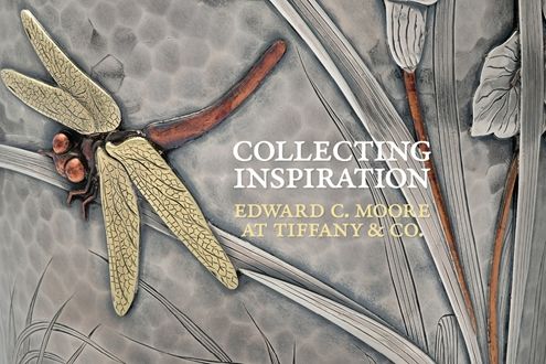 A dragonfly and long thin leaves against a textured background with the text "Collecting Inspiration: Edward C. Moore at Tiffany & Co."