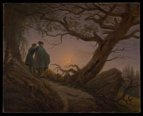 In a winding landscape, two men stare off to the moon hidden behind the clouds. To the right is a fallen tree which tilts to the upper corner of the painting.