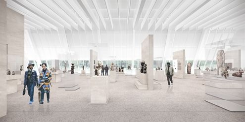 A gallery with a sweeping windows and wooden sculptures in cases. Guests walk around the gallery. 