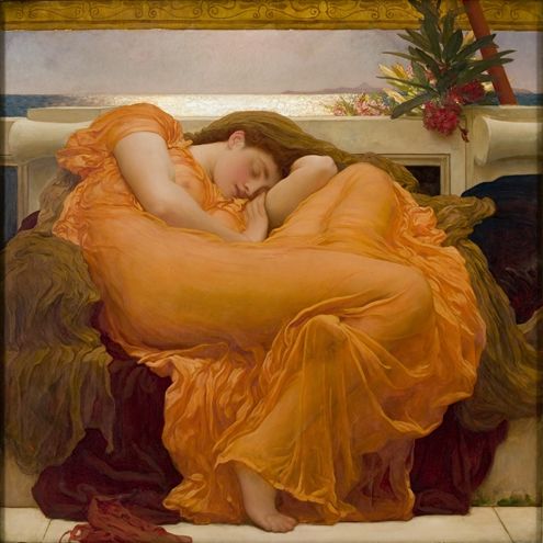 A painting of a woman reclining in a vibrant orange dress