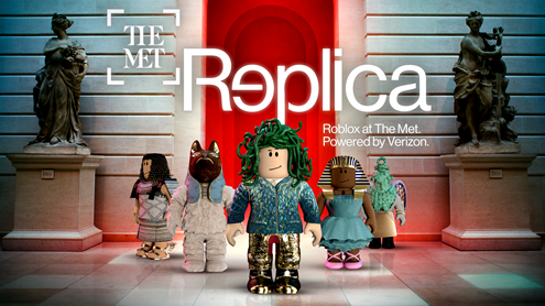 Six animated block figures wearing different costumes stand in a sculpture gallery with the text "The Met Replica," above