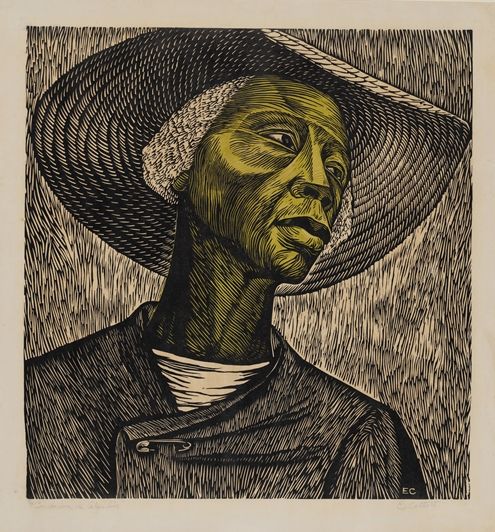 A graphic print of a woman in a large sun hat and buttoned jacket looking over her left shoulder
