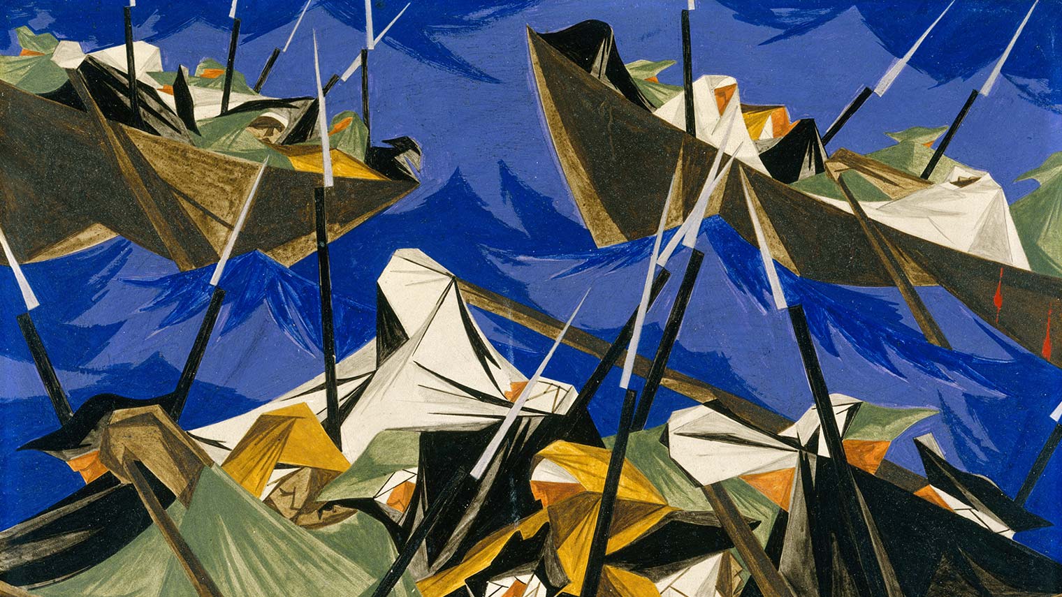 White and black angular figures in a sea of dark blue