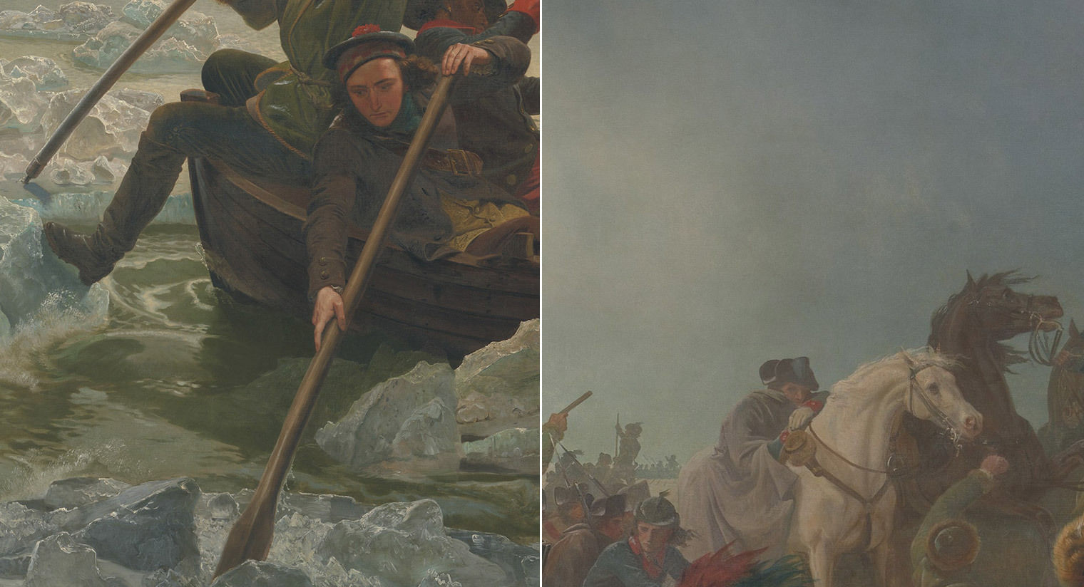 Composite of people on a boat against icebergs and horses against a dusky sky.