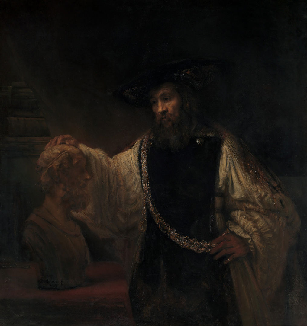 A bearded man in loose black-and-white clothing rests his hand on the head of a classical sculpture depicting Homer.