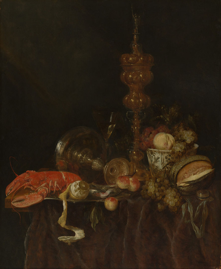 A luxurious banquet containing lobsters, still life, and exotic fruit, is laid out on a table with elegant glass and silverware.