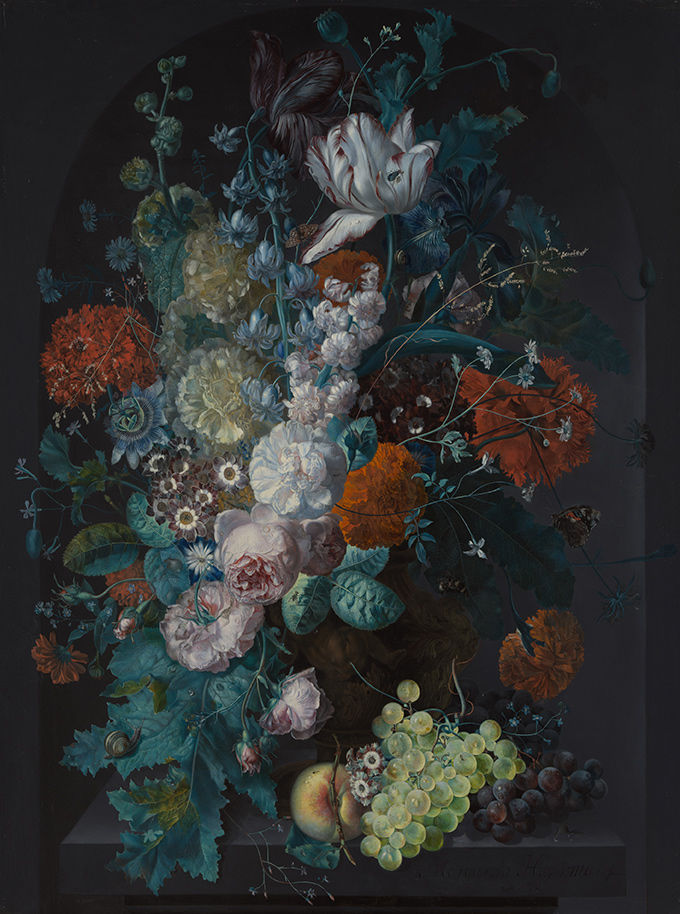 A massive bouquet with dozens of lush flowers, arranged with grapes and an apple. A snail, butterfly, bee, and drops of water rest on the leaves.